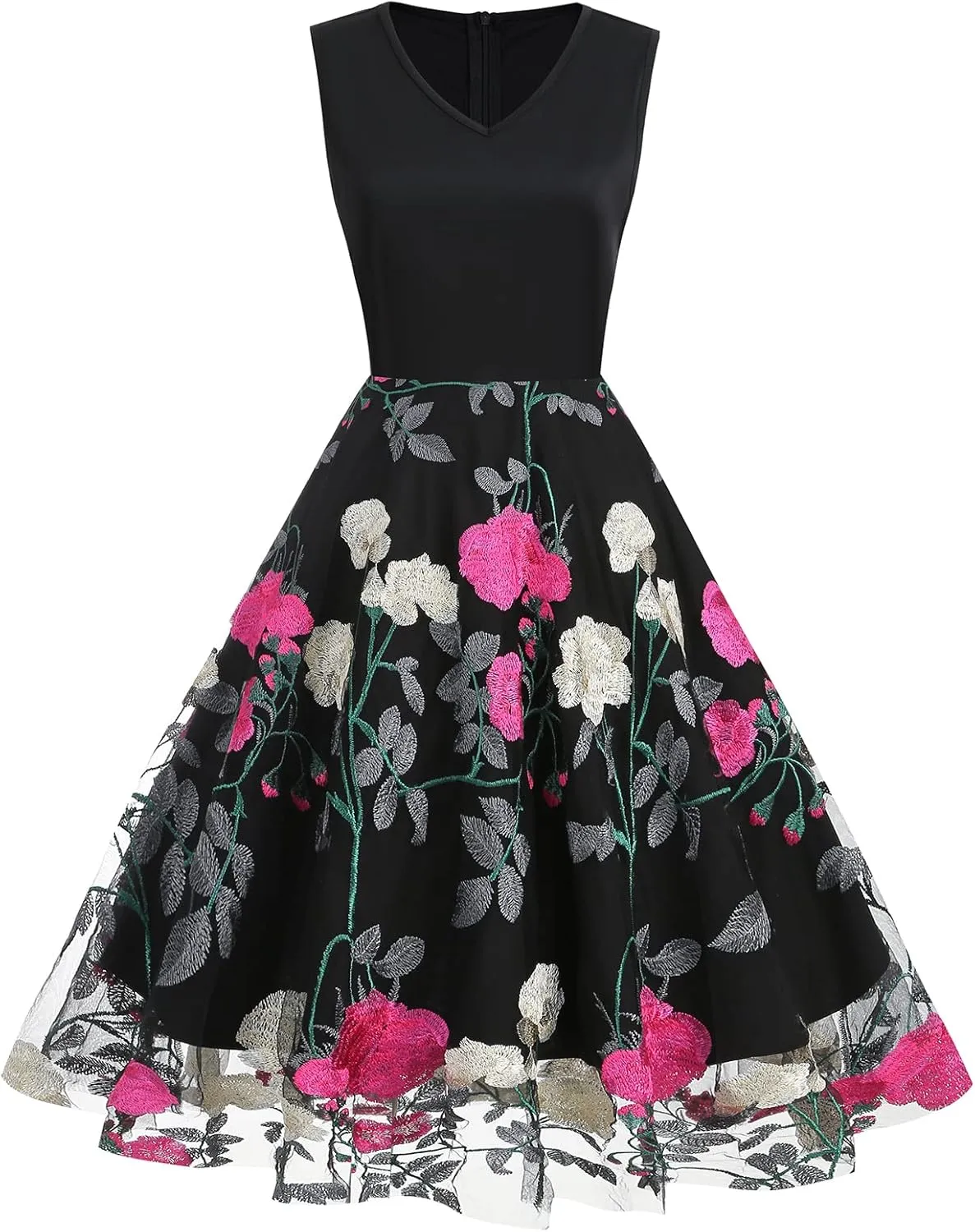 Women's Floral Embroidered Dress 1950s Vintage Sleeveless V Neck Mesh Tulle Cocktail Dresses
