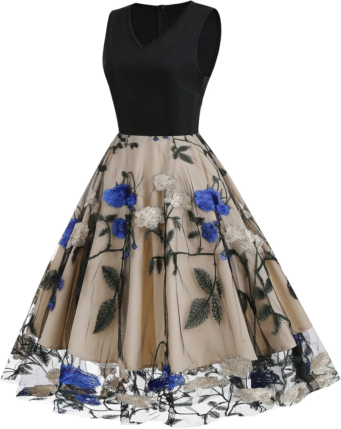 Women's Floral Embroidered Dress 1950s Vintage Sleeveless V Neck Mesh Tulle Cocktail Dresses