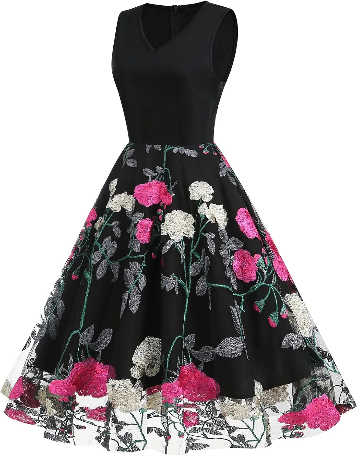 Women's Floral Embroidered Dress 1950s Vintage Sleeveless V Neck Mesh Tulle Cocktail Dresses