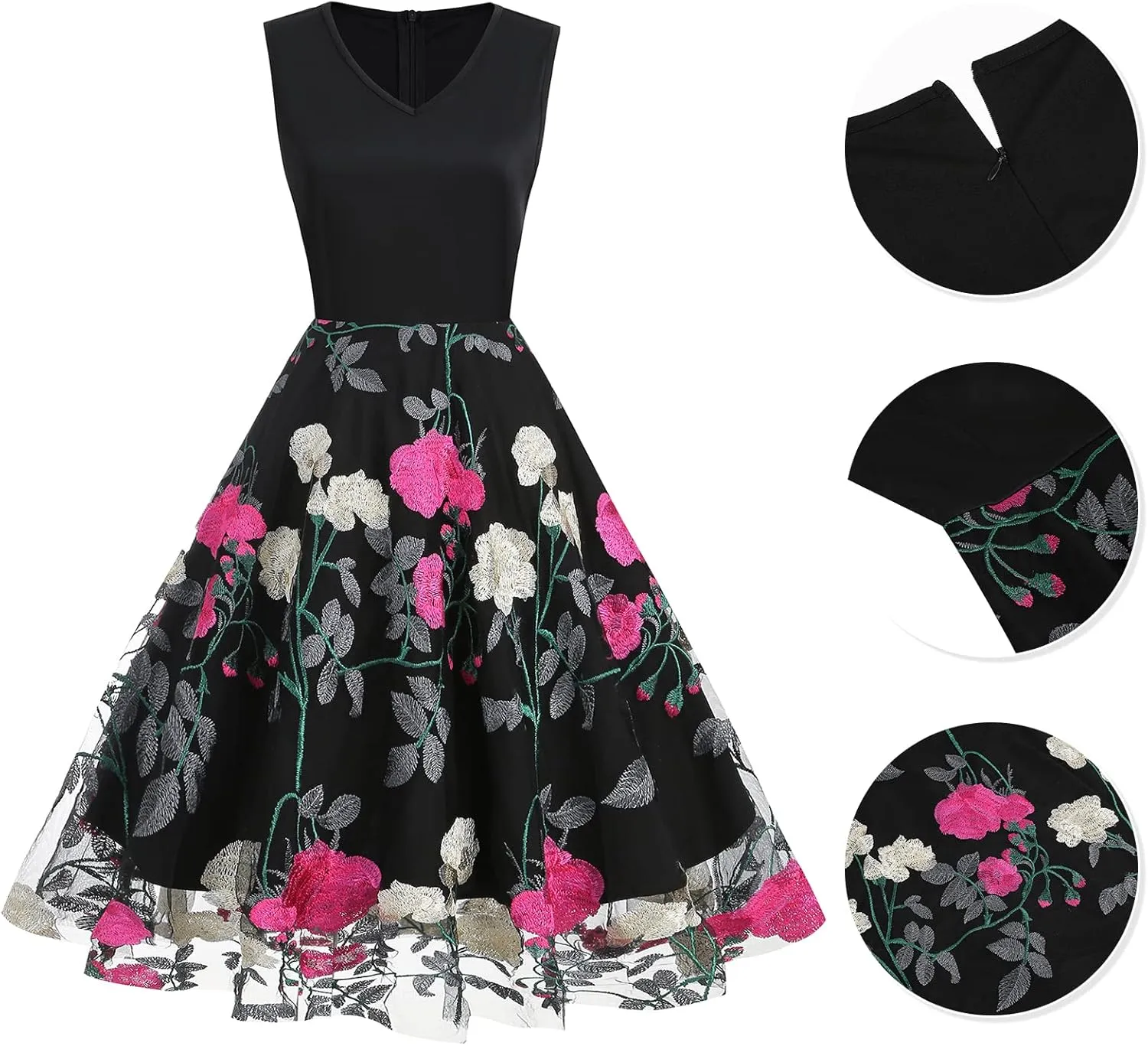 Women's Floral Embroidered Dress 1950s Vintage Sleeveless V Neck Mesh Tulle Cocktail Dresses