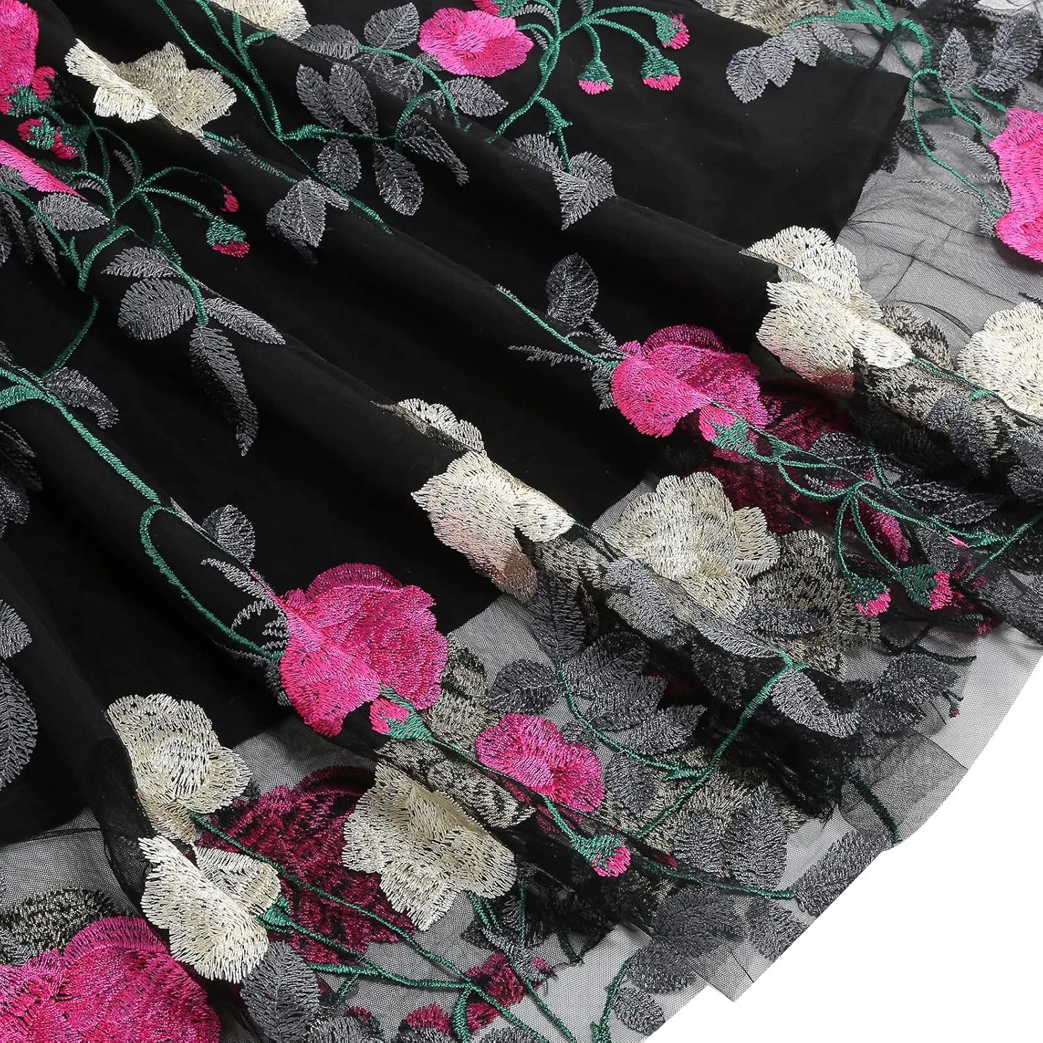 Women's Floral Embroidered Dress 1950s Vintage Sleeveless V Neck Mesh Tulle Cocktail Dresses