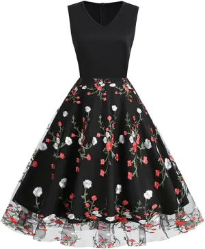 Women's Floral Embroidered Dress 1950s Vintage Sleeveless V Neck Mesh Tulle Cocktail Dresses