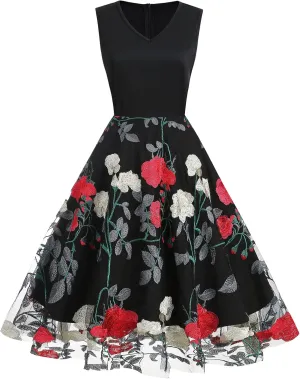 Women's Floral Embroidered Dress 1950s Vintage Sleeveless V Neck Mesh Tulle Cocktail Dresses