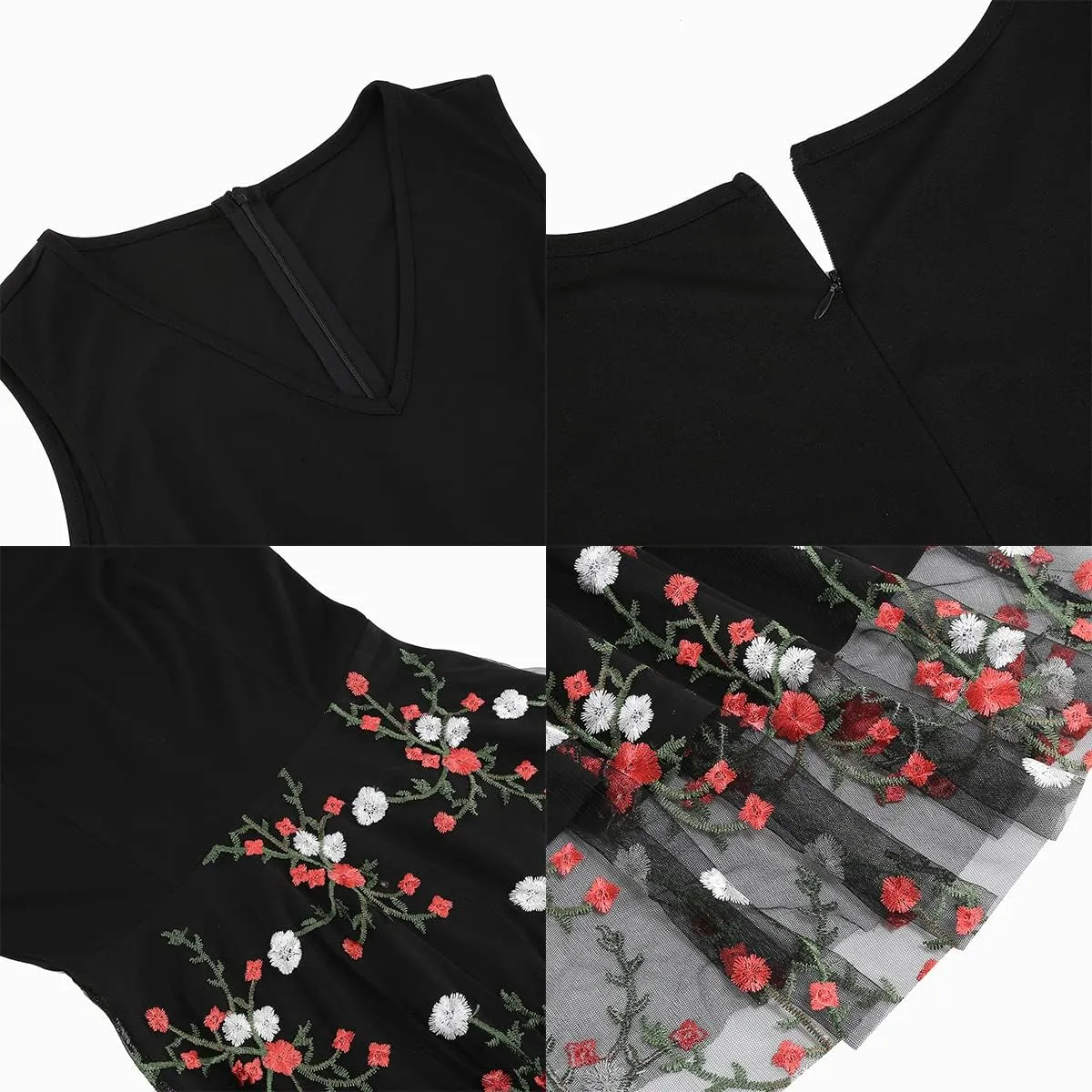 Women's Floral Embroidered Dress 1950s Vintage Sleeveless V Neck Mesh Tulle Cocktail Dresses