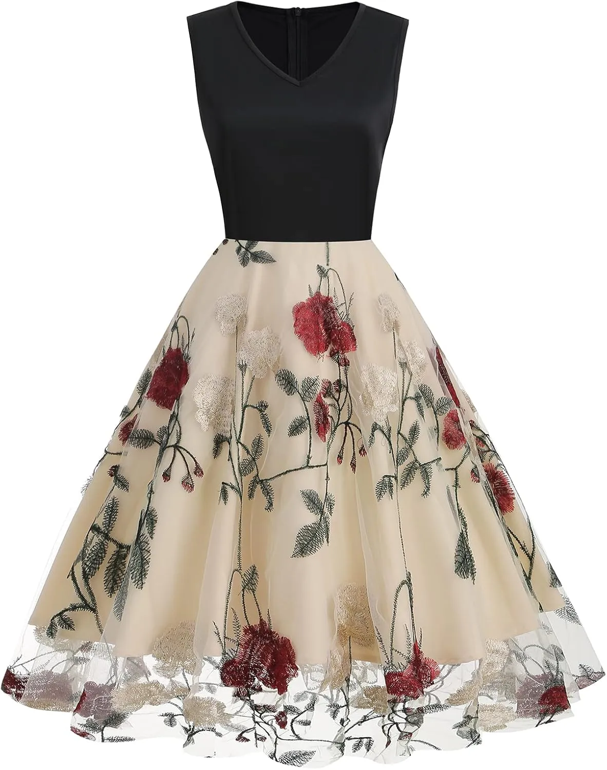 Women's Floral Embroidered Dress 1950s Vintage Sleeveless V Neck Mesh Tulle Cocktail Dresses