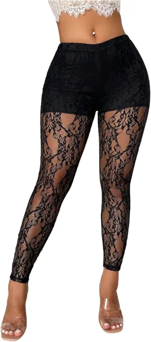 Women's Floral Lace See Through Leggings Skinny Party Night Out Pants