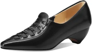 Women's Genuine Leather Weave Pointed Toe Handmade Comfortable Slip On Loafers Pumps