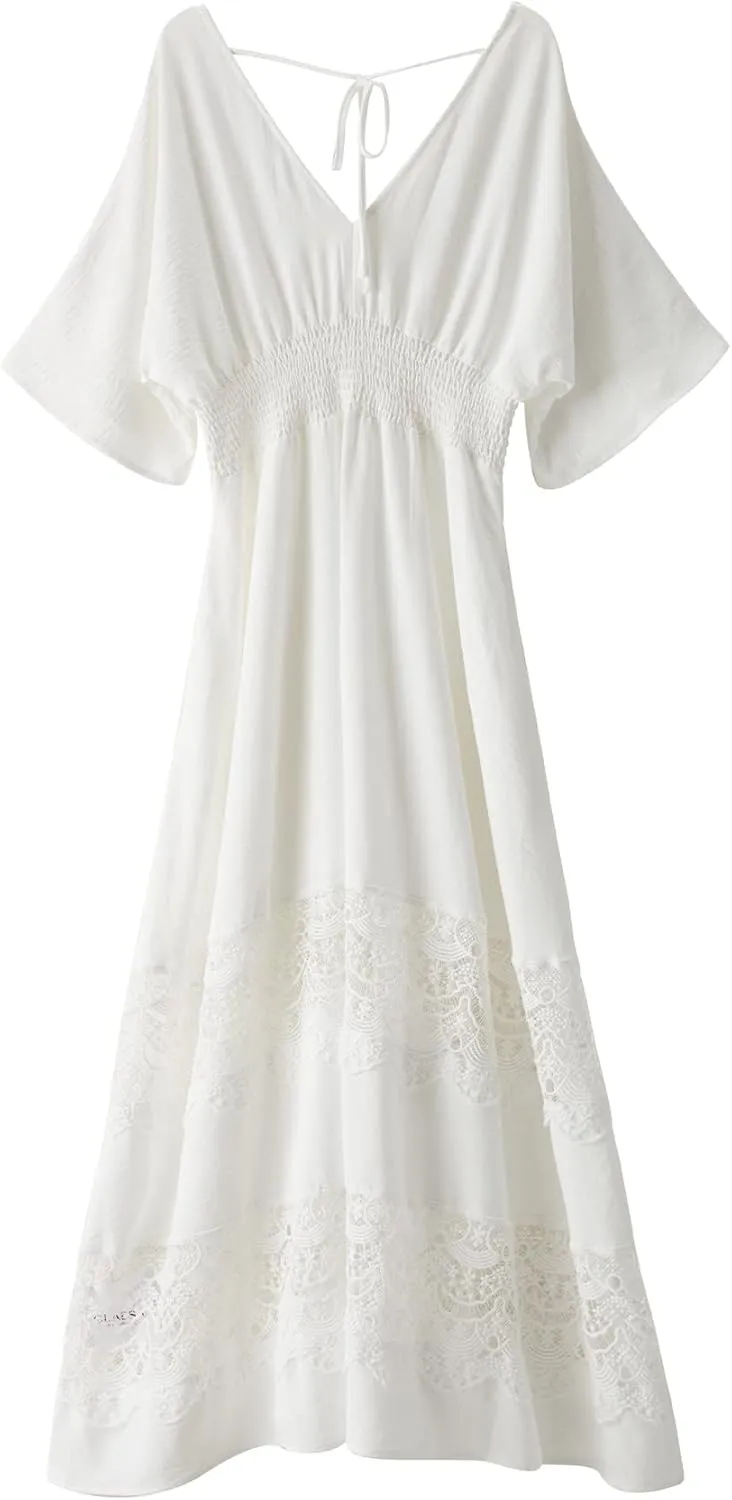 Women's Lace Maxi Dress Short Sleeve V Neck Party Dress Smocked Waist Boho Maxi Dress Bohemian Dress for Women