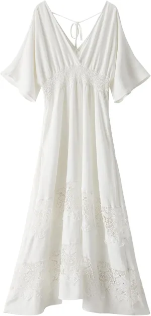 Women's Lace Maxi Dress Short Sleeve V Neck Party Dress Smocked Waist Boho Maxi Dress Bohemian Dress for Women