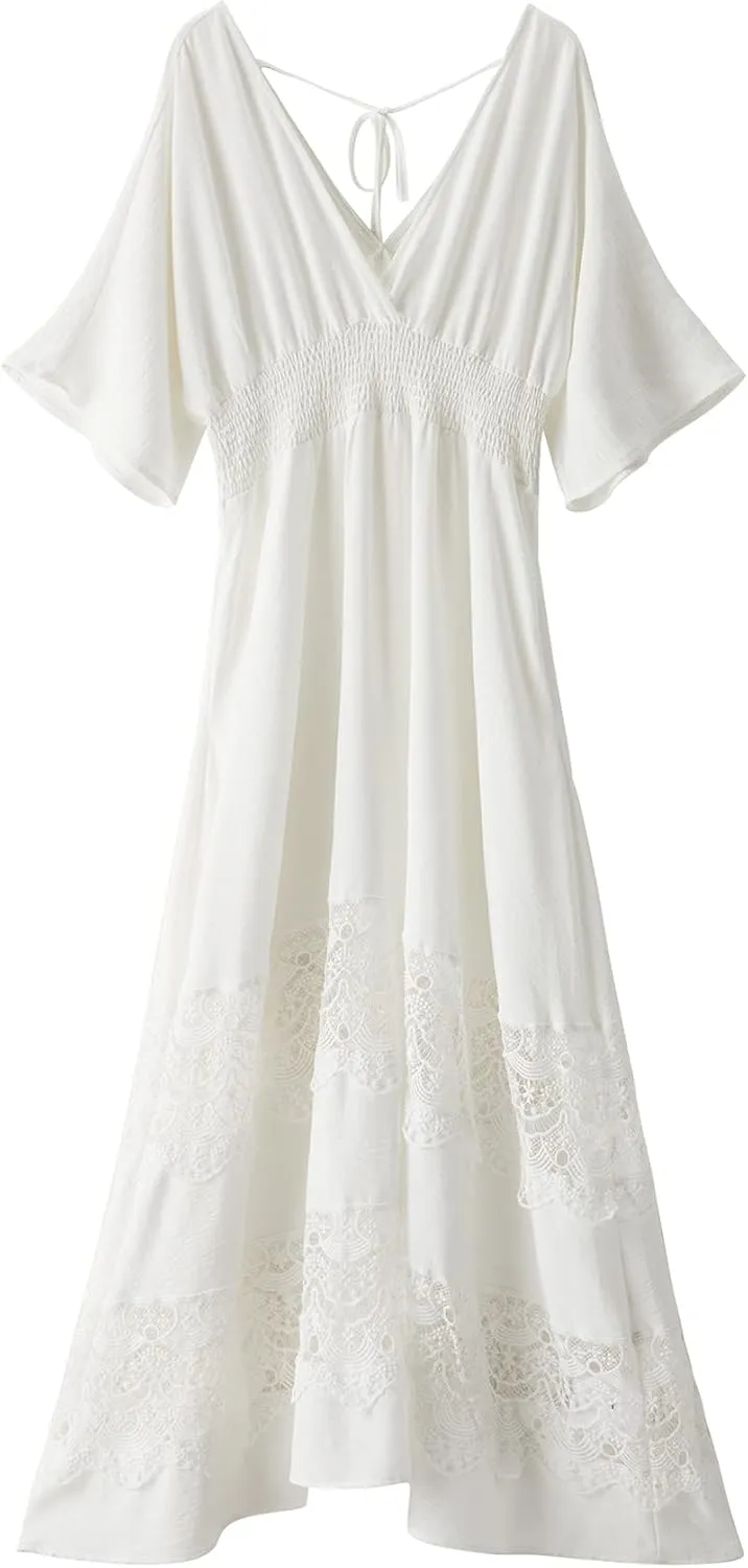 Women's Lace Maxi Dress Short Sleeve V Neck Party Dress Smocked Waist Boho Maxi Dress Bohemian Dress for Women