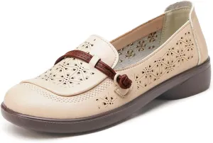 Women's Leather Cutout Flat Loafers Comfort Round Toe Slip On Softsole Walking Driving Flats Breathable Lightweight Casual Shoes