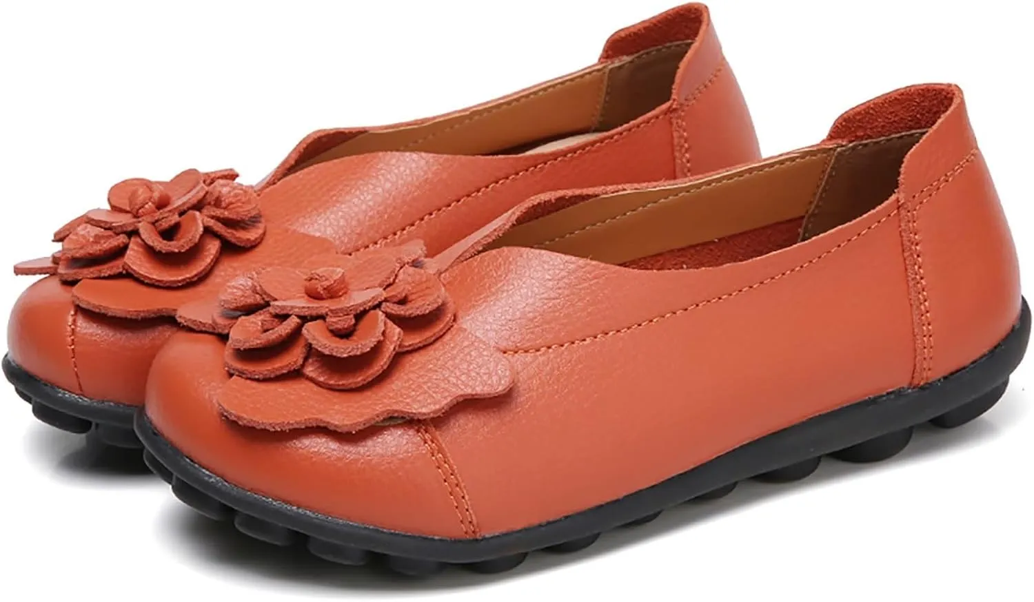 Women's Leather Flowers Loafers Lightweight Comfortable Round Toe Soft Bottom Walking Shoes Summer Casual Slip On Moccasins Driving Flats Outdoor Work Shoes
