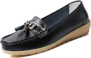 Women's Leather Slip On Tassel Loafers Soft Casual Walking Penny Flats Boat Moccasins Non-Slip Outdoor Comfortable Office Fashion Lightweight Breathable Driving Shoes for Women