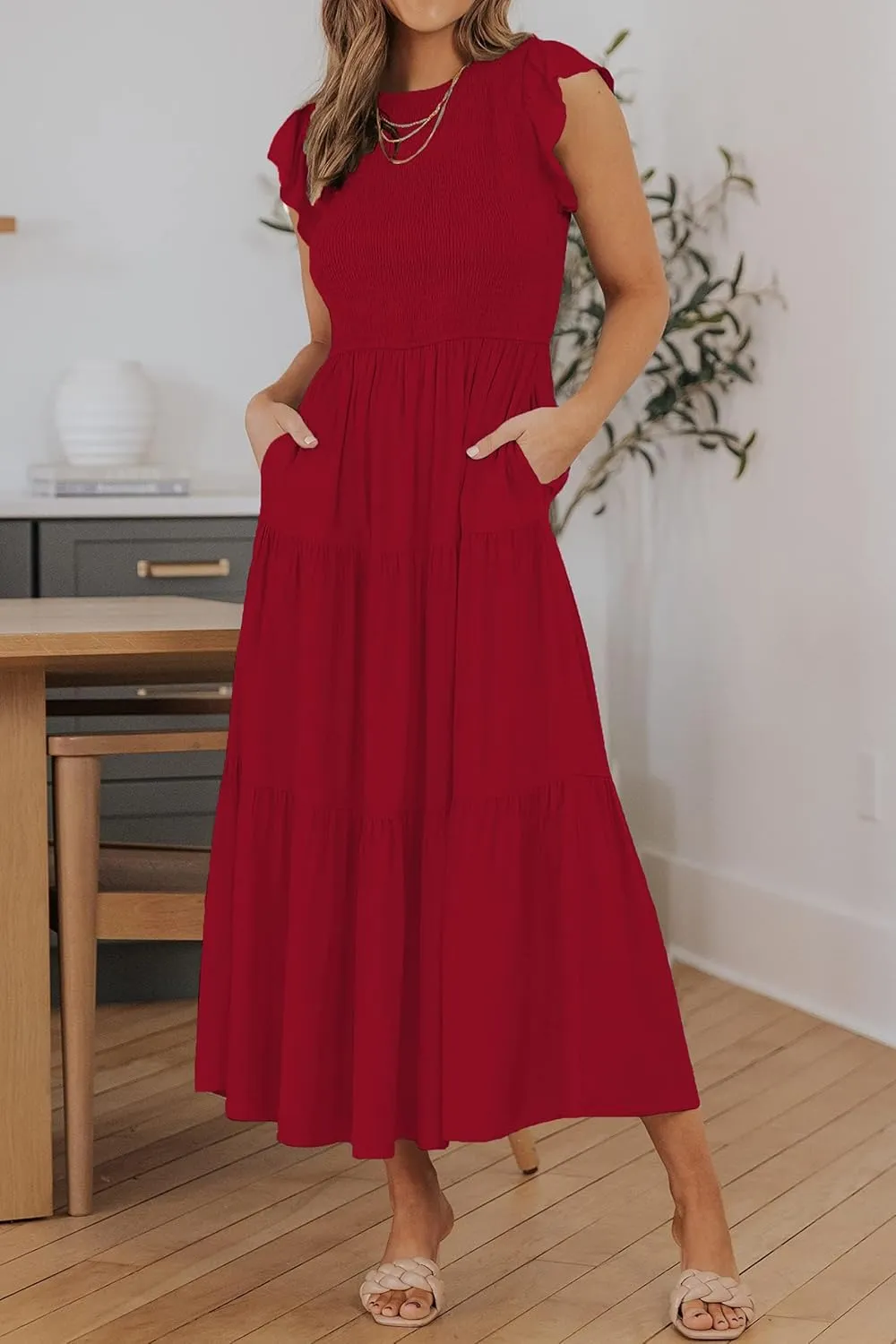 Women's Long Sleeve Crew Neck Smocked Elastic Waist Flowy Tiered Midi Dress A-Line Boho Sun Dresses