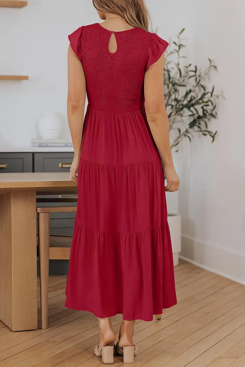Women's Long Sleeve Crew Neck Smocked Elastic Waist Flowy Tiered Midi Dress A-Line Boho Sun Dresses