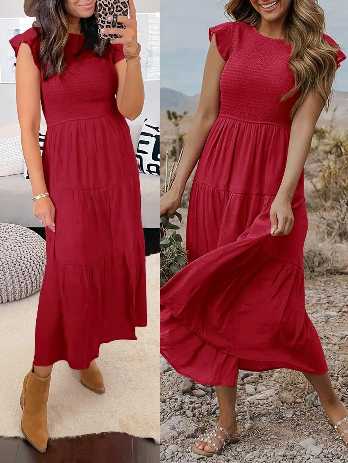 Women's Long Sleeve Crew Neck Smocked Elastic Waist Flowy Tiered Midi Dress A-Line Boho Sun Dresses