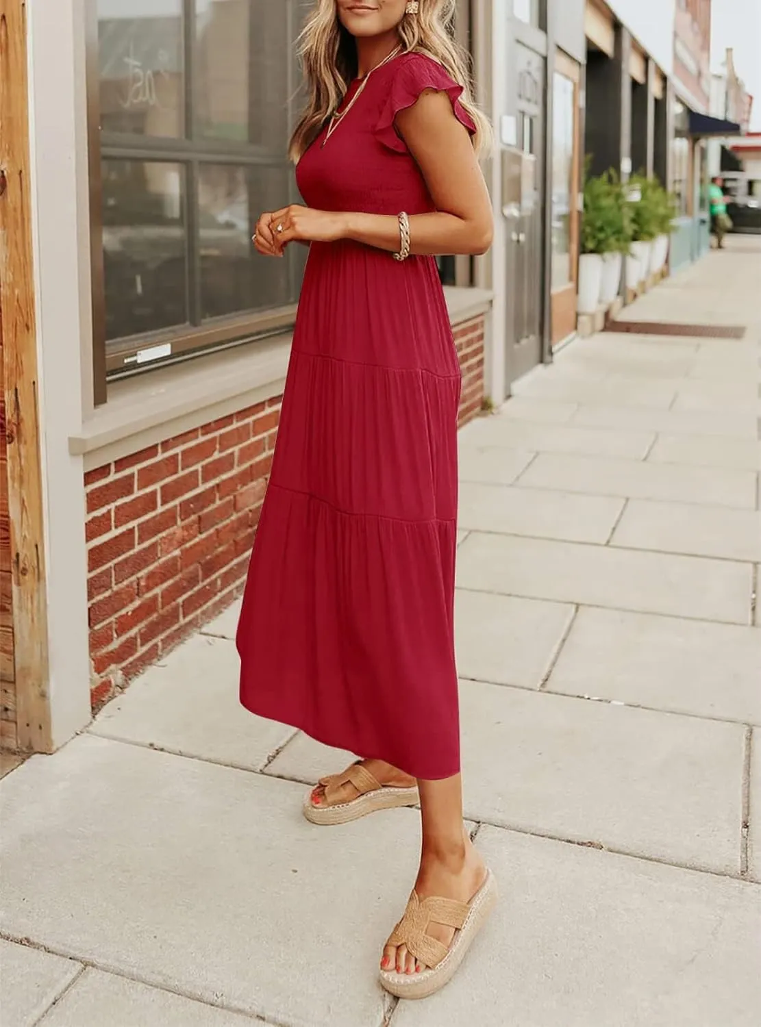 Women's Long Sleeve Crew Neck Smocked Elastic Waist Flowy Tiered Midi Dress A-Line Boho Sun Dresses