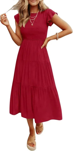 Women's Long Sleeve Crew Neck Smocked Elastic Waist Flowy Tiered Midi Dress A-Line Boho Sun Dresses