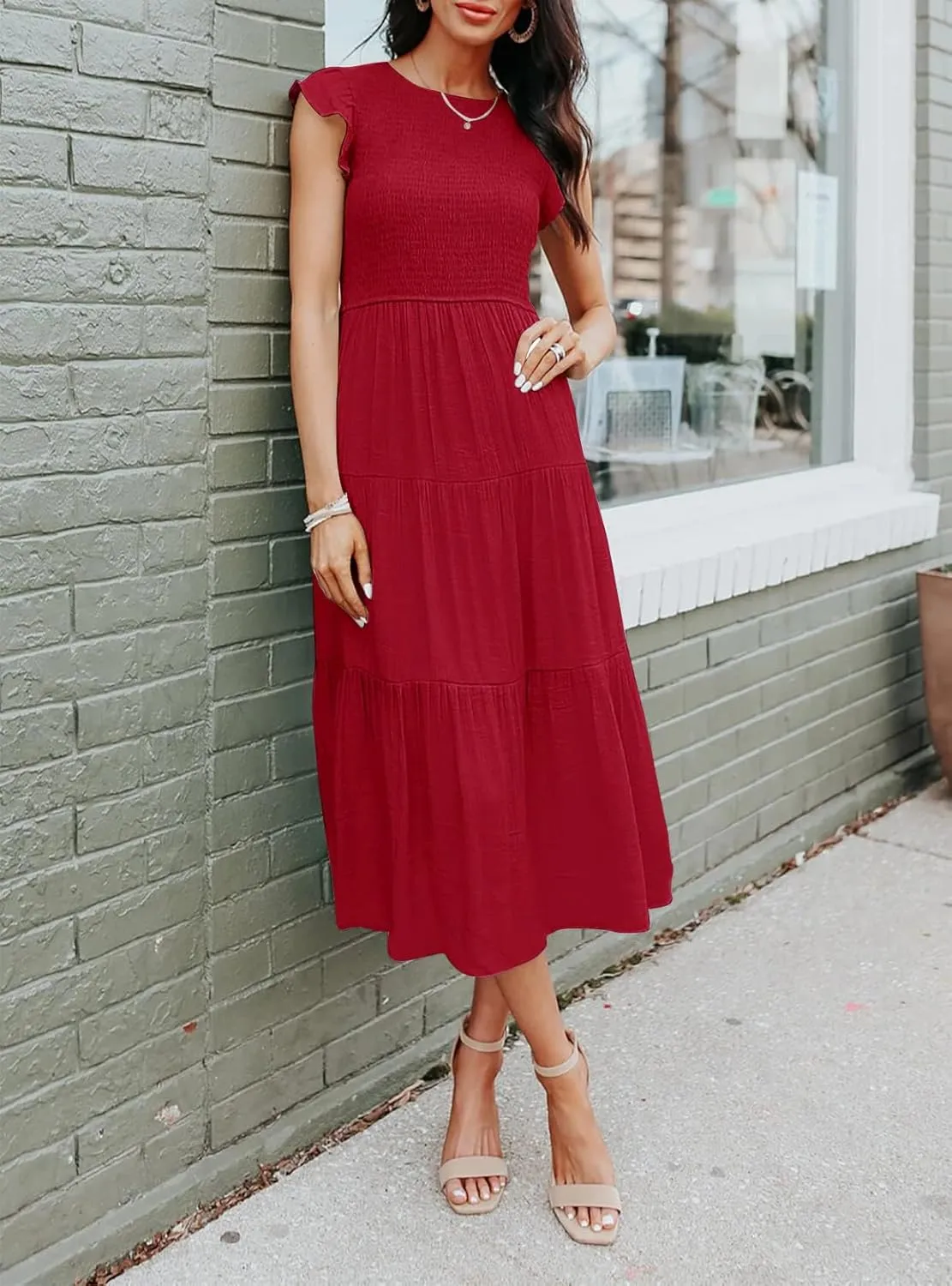 Women's Long Sleeve Crew Neck Smocked Elastic Waist Flowy Tiered Midi Dress A-Line Boho Sun Dresses