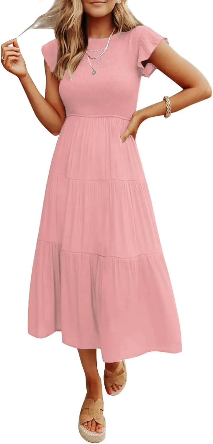 Women's Long Sleeve Crew Neck Smocked Elastic Waist Flowy Tiered Midi Dress A-Line Boho Sun Dresses