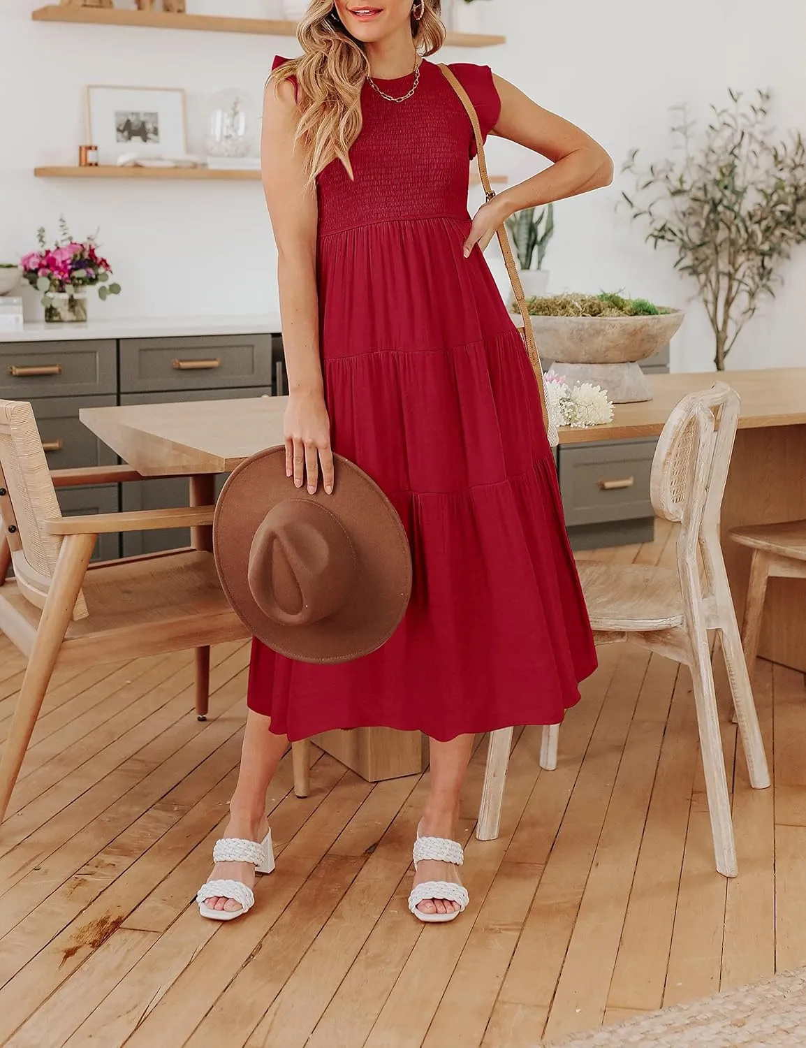 Women's Long Sleeve Crew Neck Smocked Elastic Waist Flowy Tiered Midi Dress A-Line Boho Sun Dresses