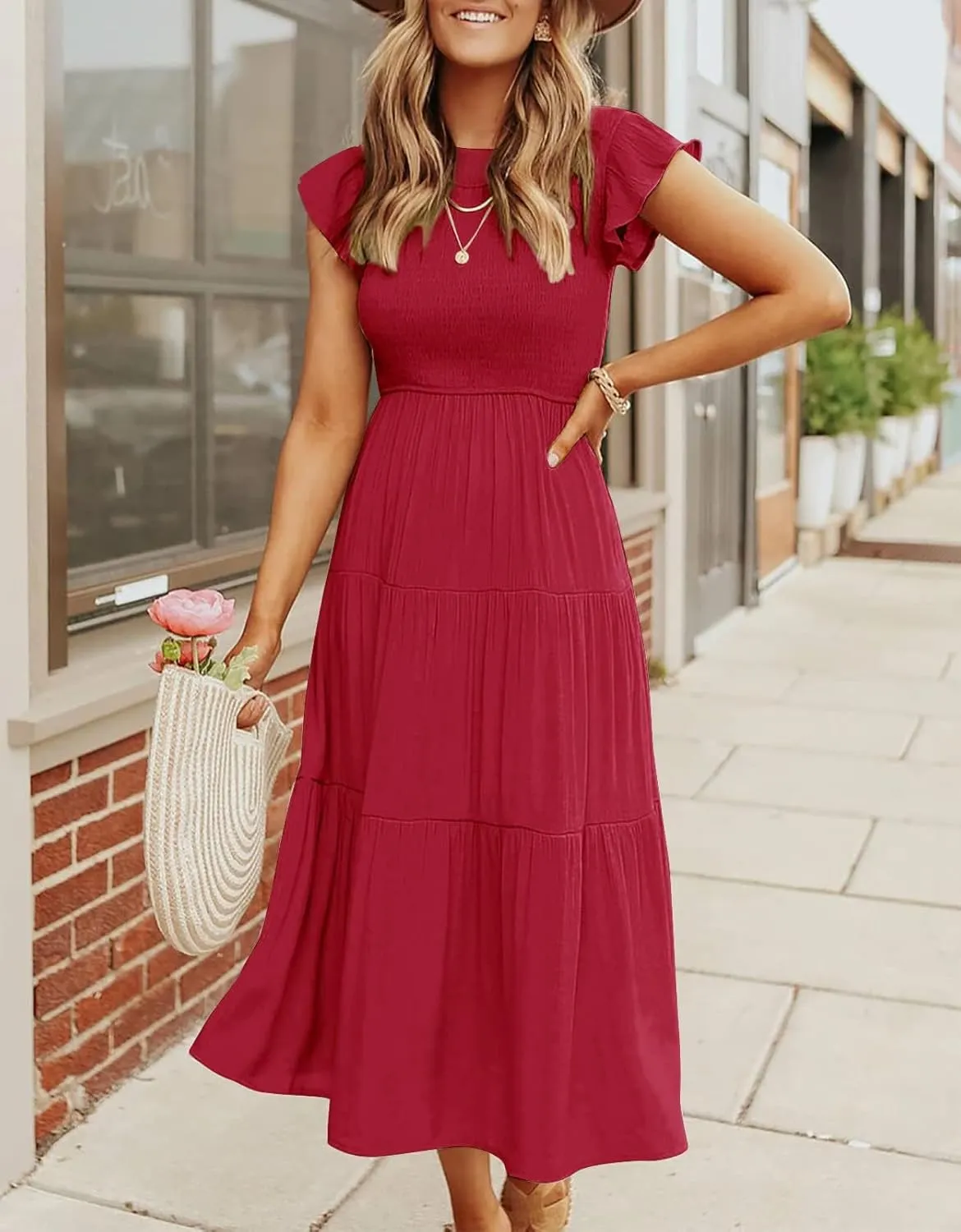 Women's Long Sleeve Crew Neck Smocked Elastic Waist Flowy Tiered Midi Dress A-Line Boho Sun Dresses