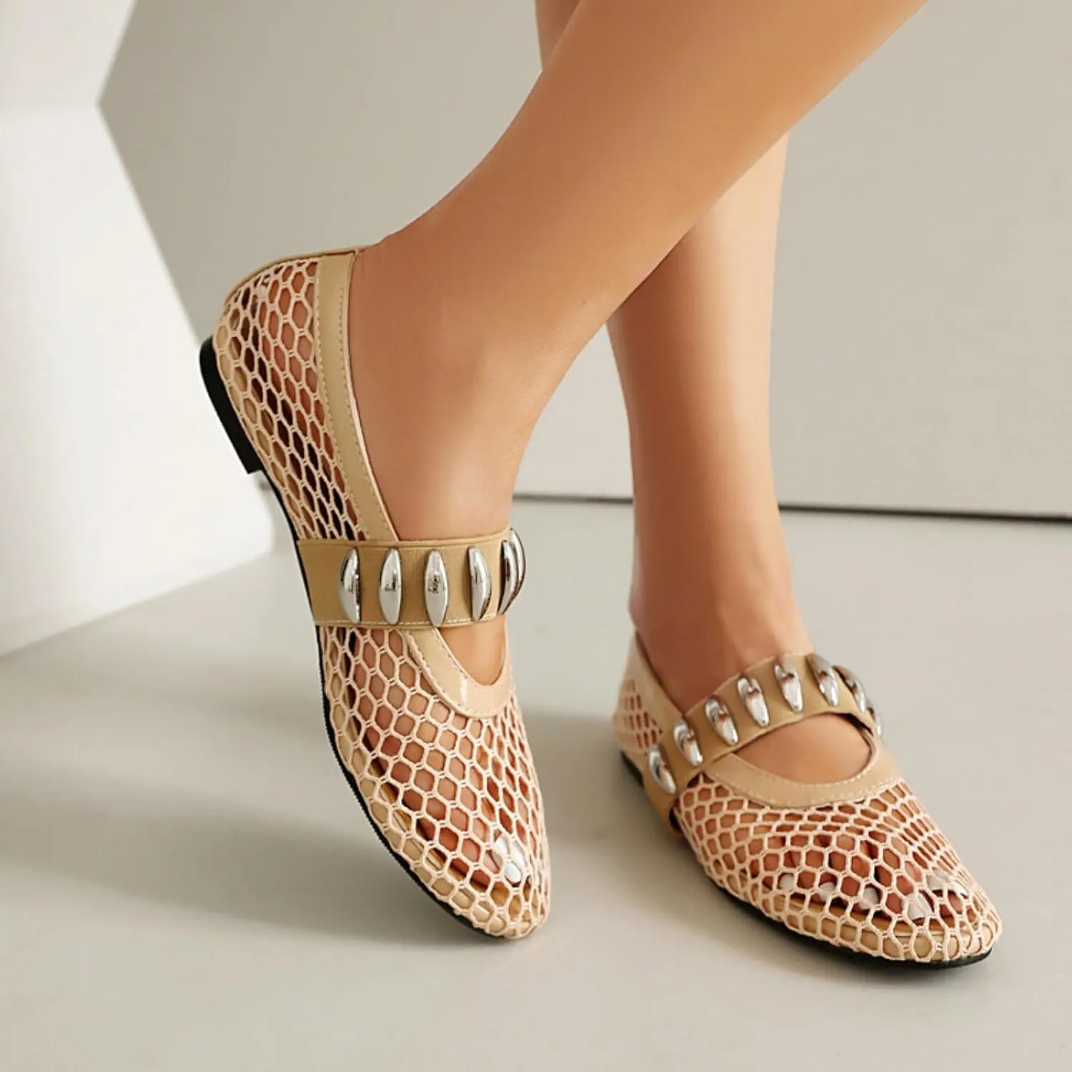 Women's Mesh Ballet Flats Casual Round Toe Strap Buckle Mary Jane Flat Pumps Shoes