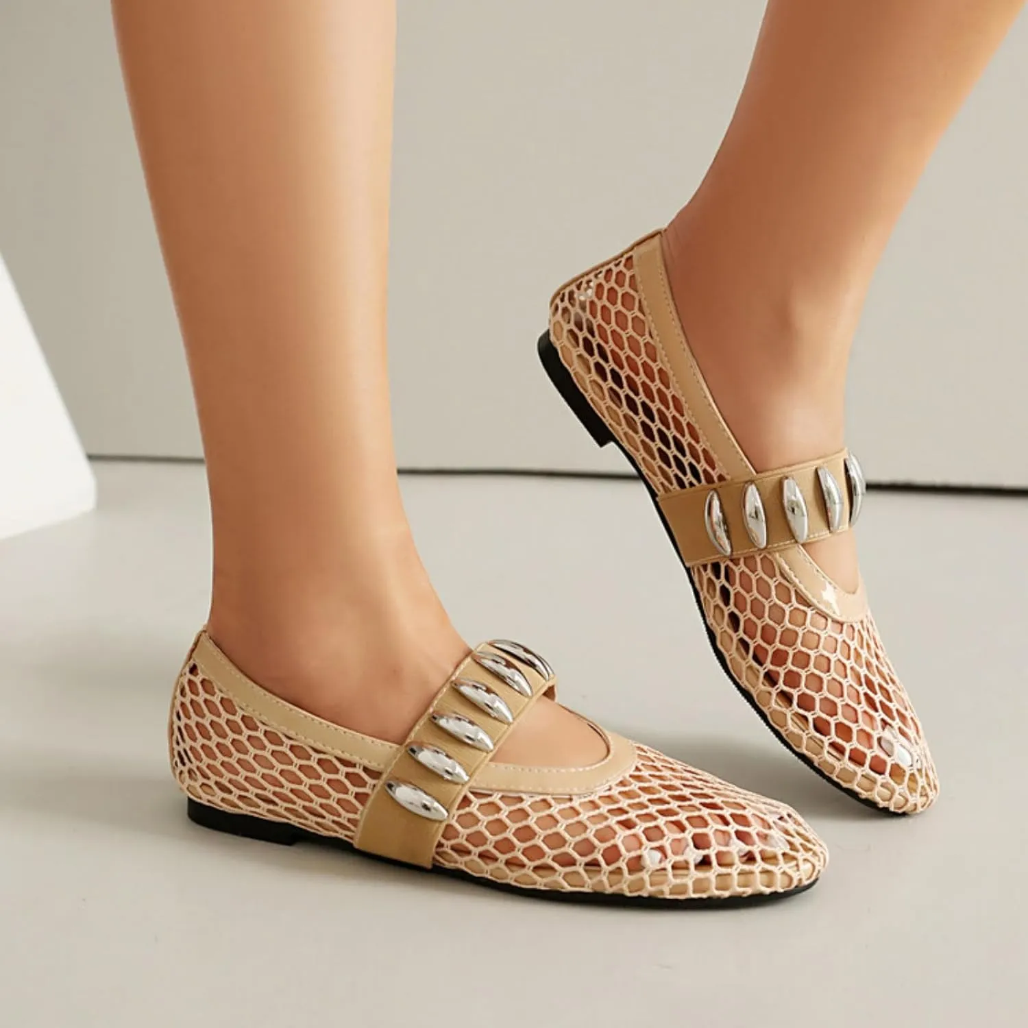 Women's Mesh Ballet Flats Casual Round Toe Strap Buckle Mary Jane Flat Pumps Shoes