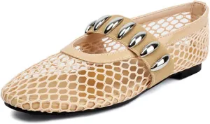 Women's Mesh Ballet Flats Casual Round Toe Strap Buckle Mary Jane Flat Pumps Shoes