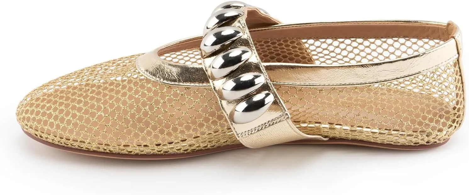 Women's Mesh Ballet Flats,Fishnet Ballerina Buckle Strap Shoes,Mary Jane Flats Casual Comfortable Daily Dress Shoes