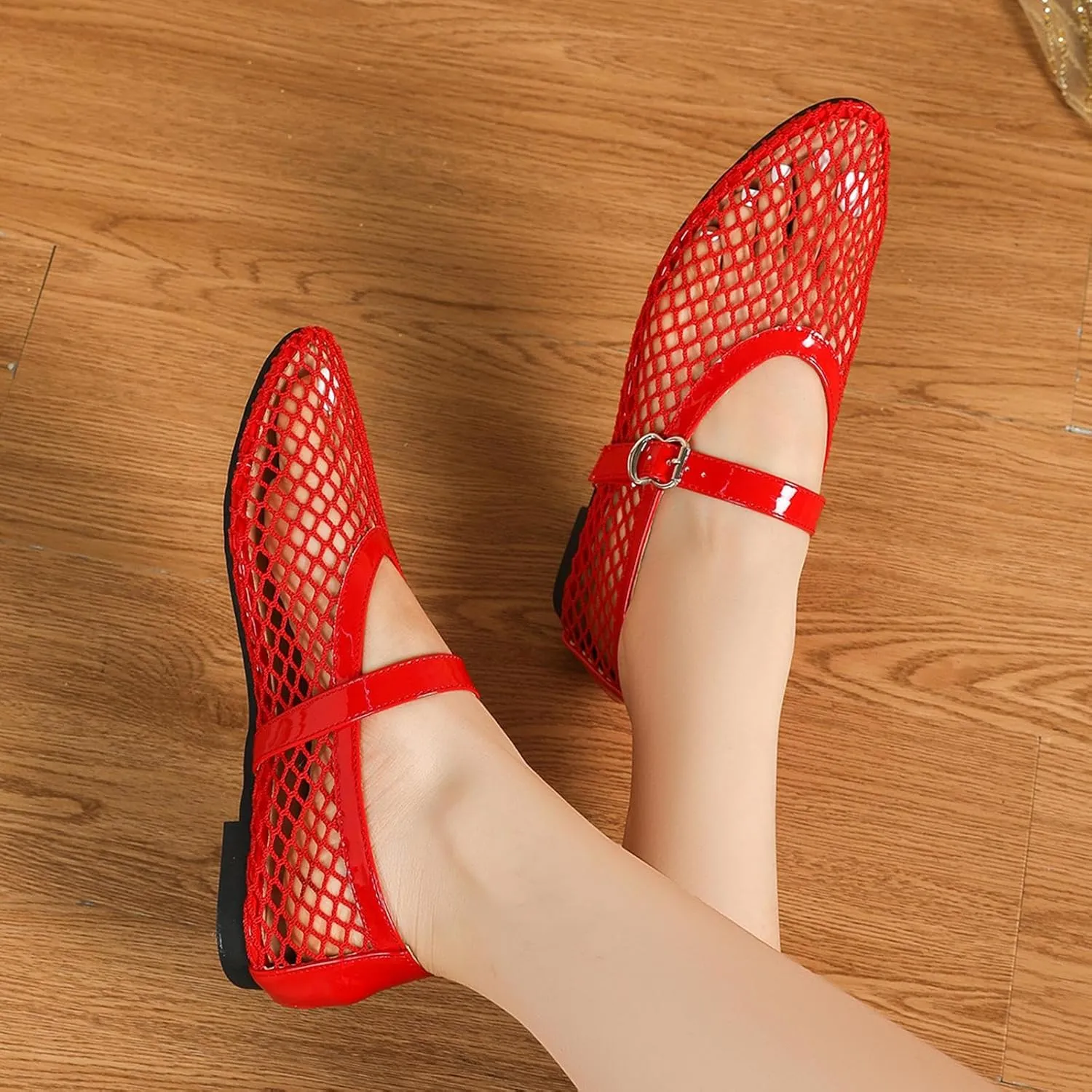 Women's Mesh Ballet Flats,Fishnet Ballerina Buckle Strap Shoes,Mary Jane Flats Casual Comfortable Daily Dress Shoes