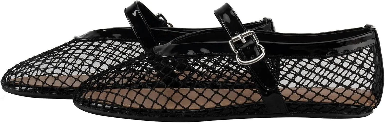 Women's Mesh Ballet Flats,Fishnet Ballerina Buckle Strap Shoes,Mary Jane Flats Casual Comfortable Daily Dress Shoes