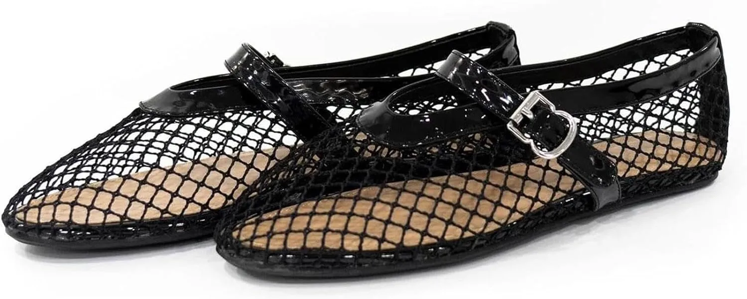 Women's Mesh Ballet Flats,Fishnet Ballerina Buckle Strap Shoes,Mary Jane Flats Casual Comfortable Daily Dress Shoes