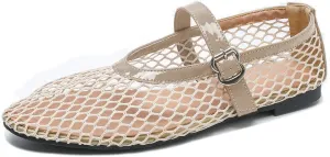 Women's Mesh Ballet Flats,Fishnet Ballerina Buckle Strap Shoes,Mary Jane Flats Casual Comfortable Daily Dress Shoes