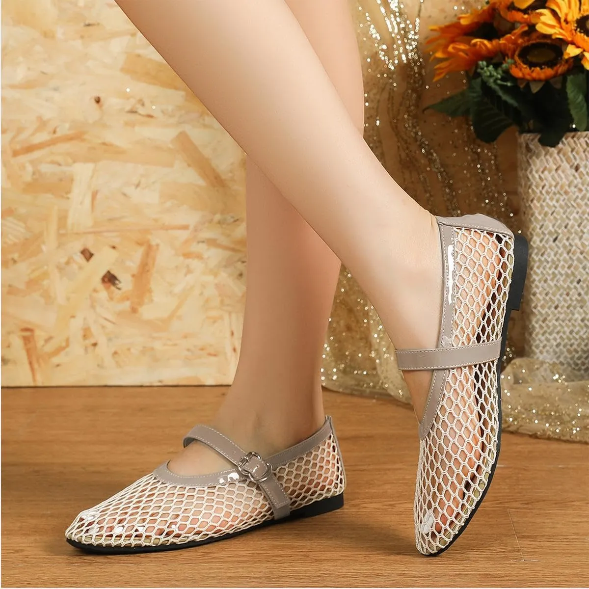 Women's Mesh Ballet Flats,Fishnet Ballerina Buckle Strap Shoes,Mary Jane Flats Casual Comfortable Daily Dress Shoes