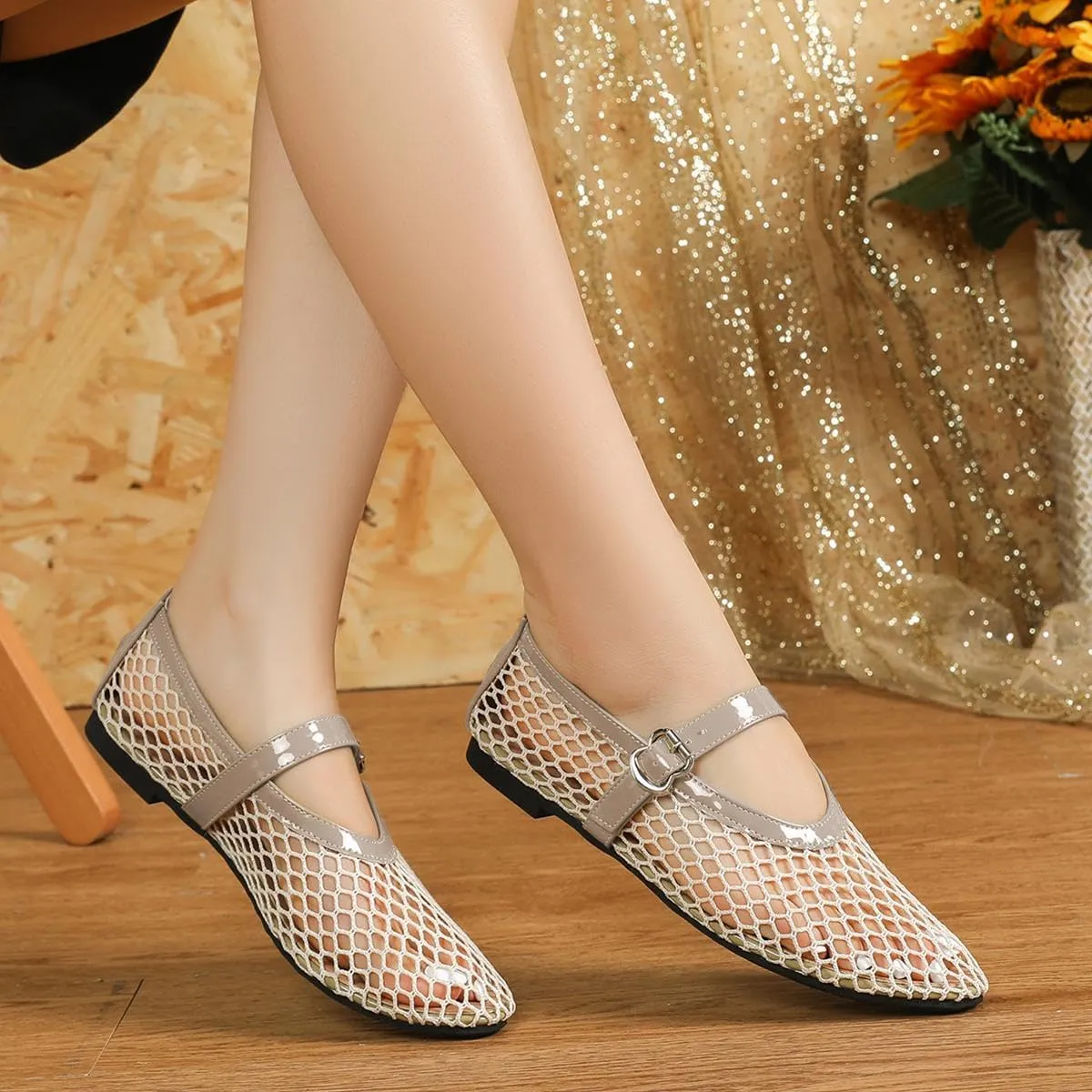 Women's Mesh Ballet Flats,Fishnet Ballerina Buckle Strap Shoes,Mary Jane Flats Casual Comfortable Daily Dress Shoes