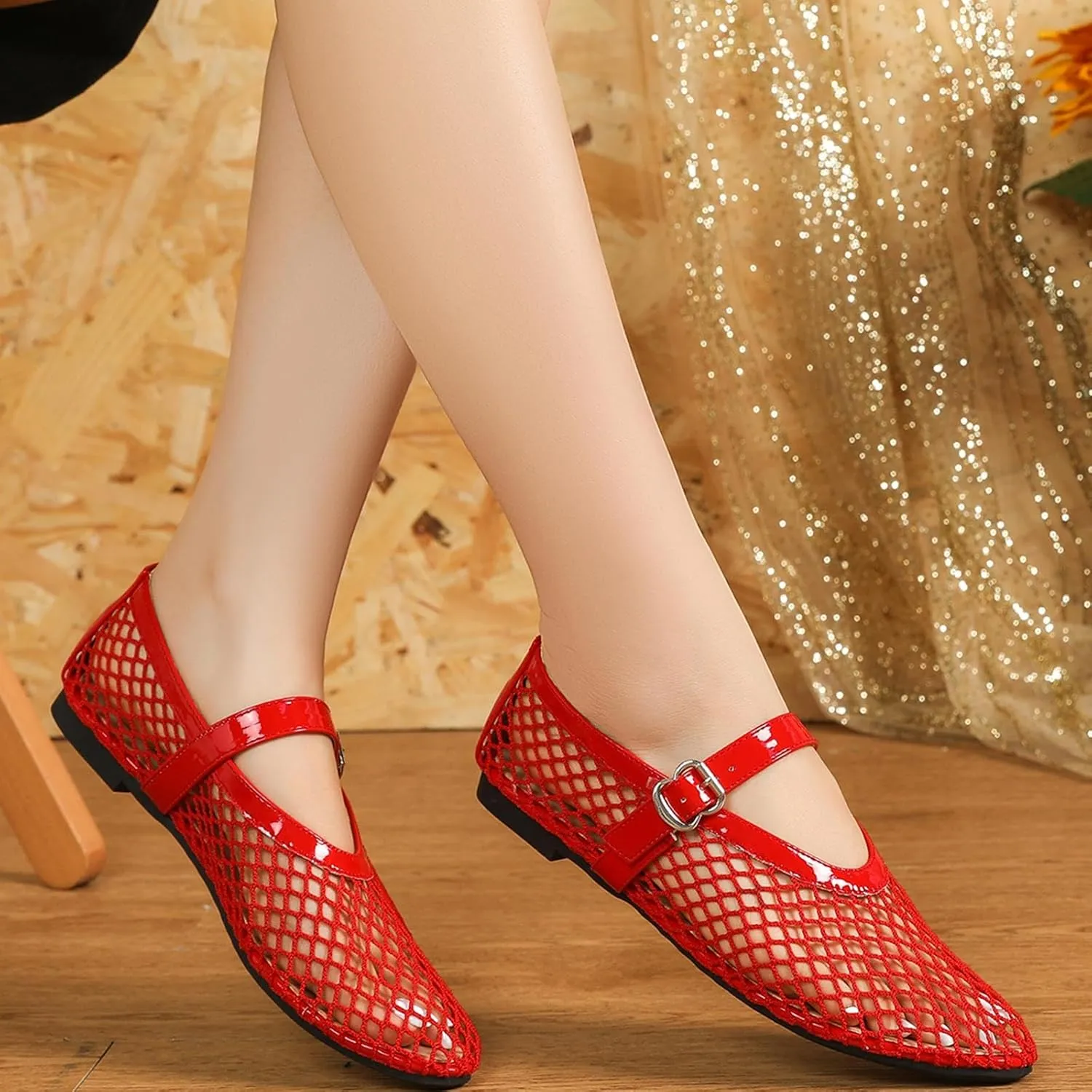 Women's Mesh Ballet Flats,Fishnet Ballerina Buckle Strap Shoes,Mary Jane Flats Casual Comfortable Daily Dress Shoes