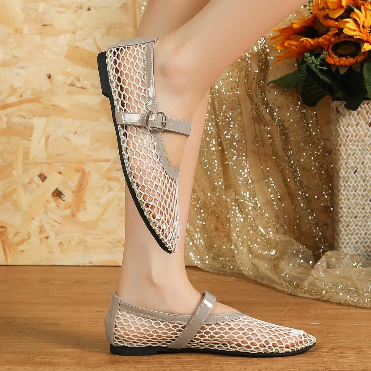 Women's Mesh Ballet Flats,Fishnet Ballerina Buckle Strap Shoes,Mary Jane Flats Casual Comfortable Daily Dress Shoes
