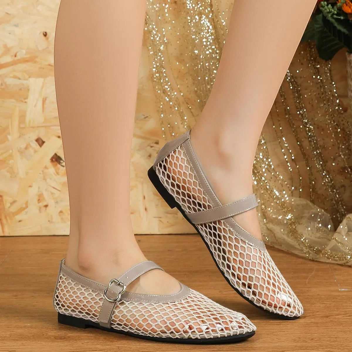 Women's Mesh Ballet Flats,Fishnet Ballerina Buckle Strap Shoes,Mary Jane Flats Casual Comfortable Daily Dress Shoes