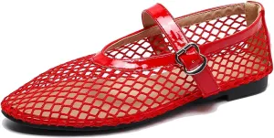 Women's Mesh Ballet Flats,Fishnet Ballerina Buckle Strap Shoes,Mary Jane Flats Casual Comfortable Daily Dress Shoes