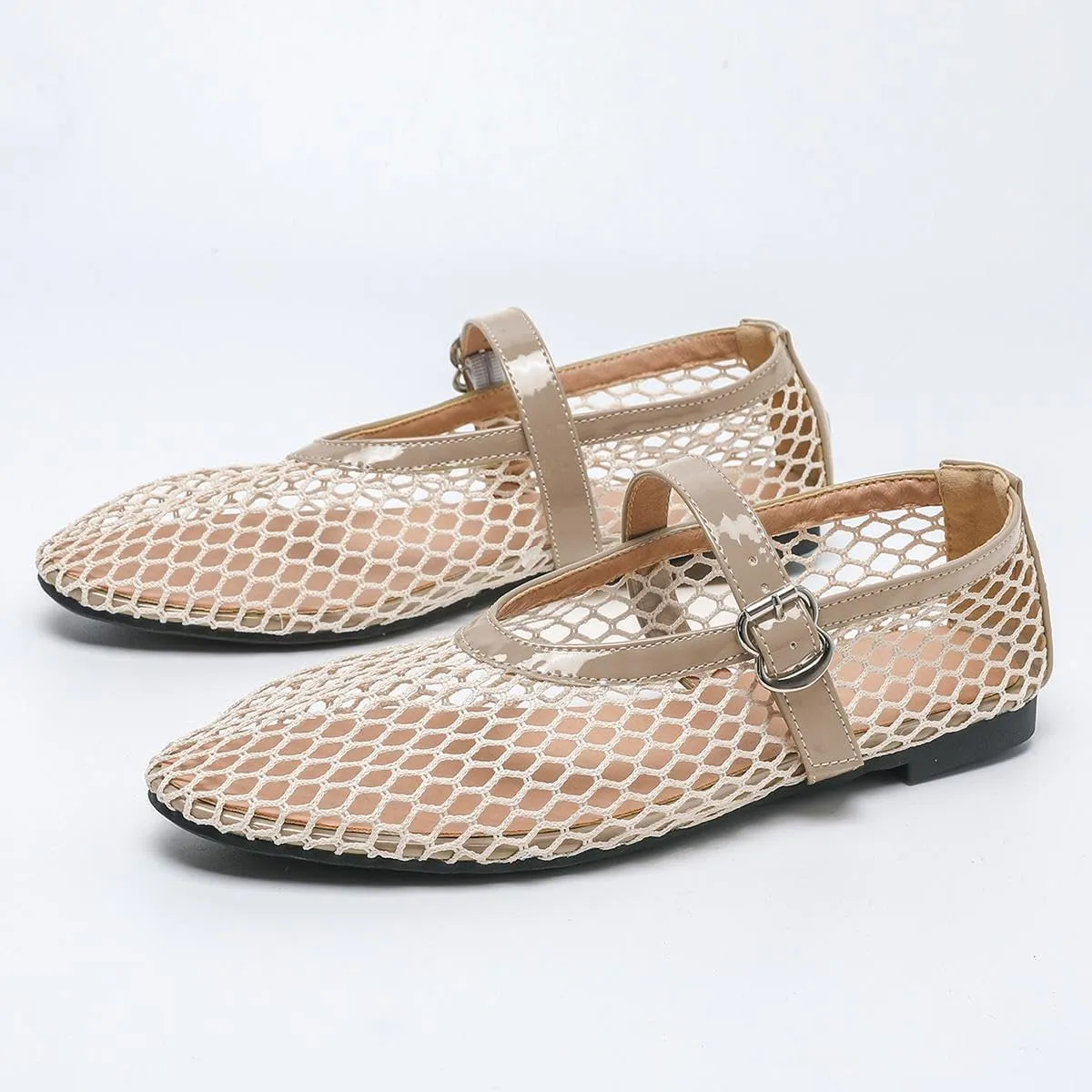 Women's Mesh Ballet Flats,Fishnet Ballerina Buckle Strap Shoes,Mary Jane Flats Casual Comfortable Daily Dress Shoes