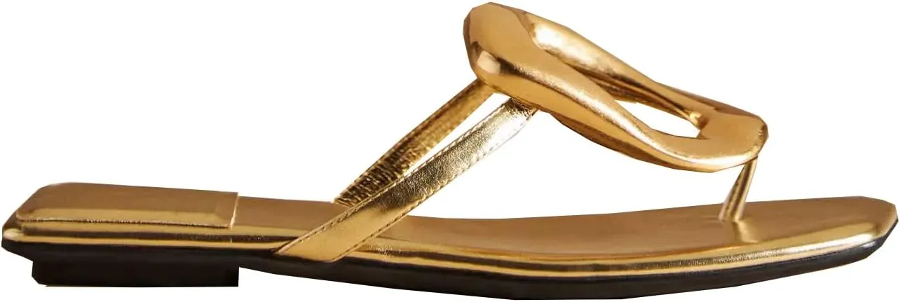 Womens Metal Decoration Flat Sandals Flip Flops Slide Sandals Summer Beach Shoes