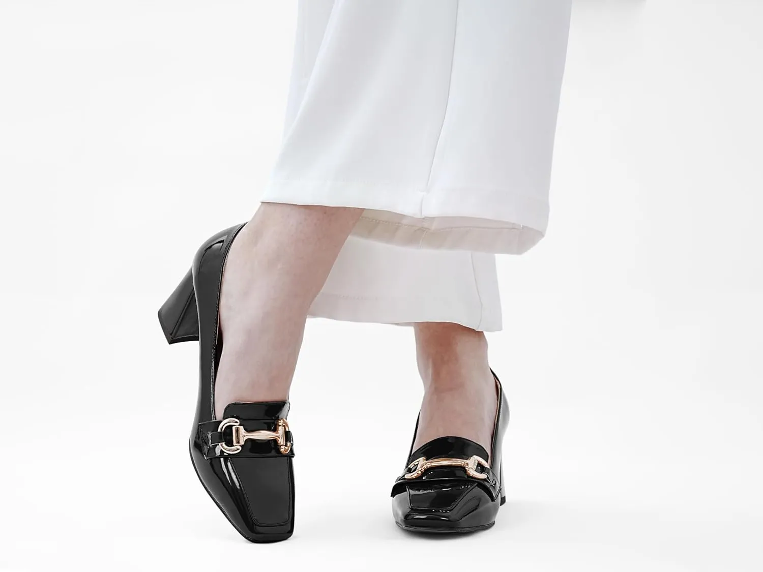 Womens Mid Block Chunky Heeled Loafers Closed Square Toe Patent Leather Comfortable Slip On Pumps Metal Chain Basic Classic Casual Work Office Dress Shoes 2.8 Inches Heels