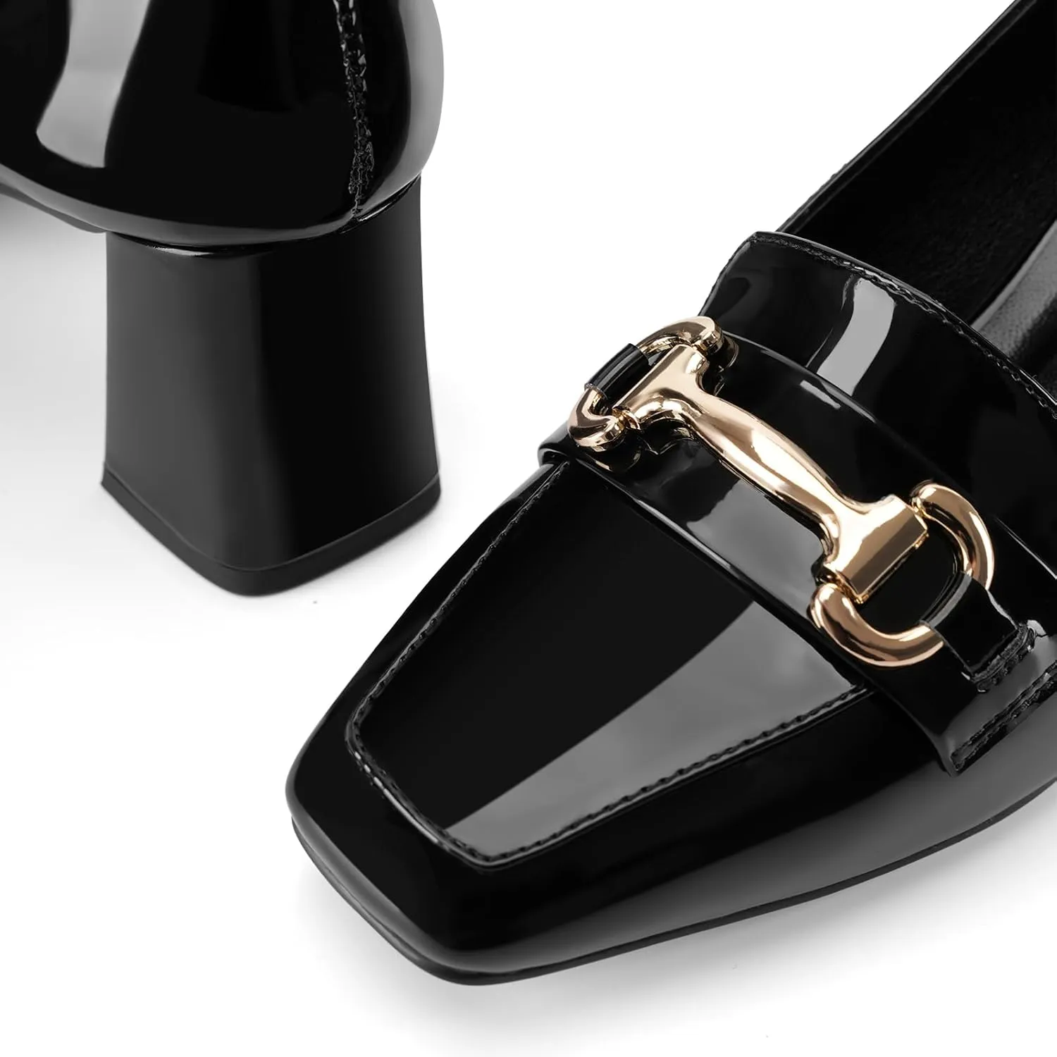 Womens Mid Block Chunky Heeled Loafers Closed Square Toe Patent Leather Comfortable Slip On Pumps Metal Chain Basic Classic Casual Work Office Dress Shoes 2.8 Inches Heels