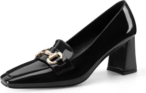 Womens Mid Block Chunky Heeled Loafers Closed Square Toe Patent Leather Comfortable Slip On Pumps Metal Chain Basic Classic Casual Work Office Dress Shoes 2.8 Inches Heels