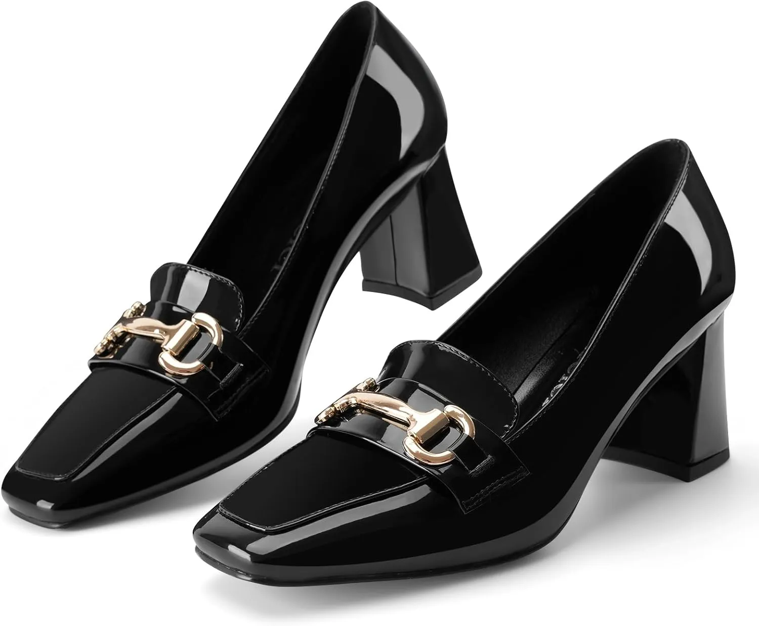 Womens Mid Block Chunky Heeled Loafers Closed Square Toe Patent Leather Comfortable Slip On Pumps Metal Chain Basic Classic Casual Work Office Dress Shoes 2.8 Inches Heels