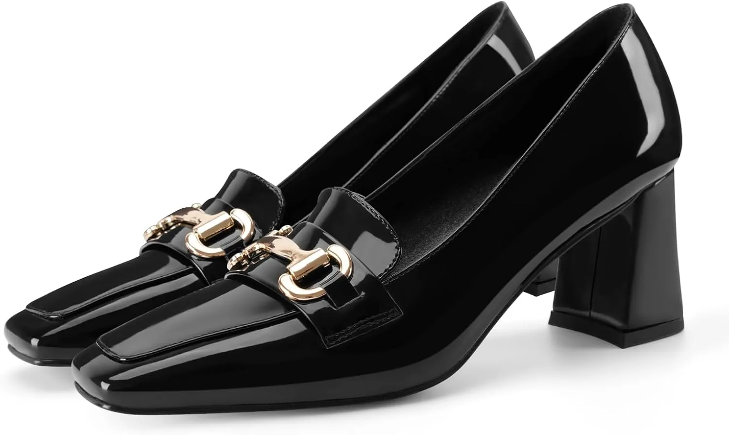 Womens Mid Block Chunky Heeled Loafers Closed Square Toe Patent Leather Comfortable Slip On Pumps Metal Chain Basic Classic Casual Work Office Dress Shoes 2.8 Inches Heels