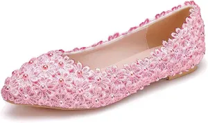 Women's Pearl Lace Slip-On Ballet Flats Pointed Toe Pumps Breathable Comfortable Dress Wedding Shoes for Party Evening Dating