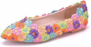 Women's Pearl Lace Slip-On Ballet Flats Pointed Toe Pumps Breathable Comfortable Dress Wedding Shoes for Party Evening Dating