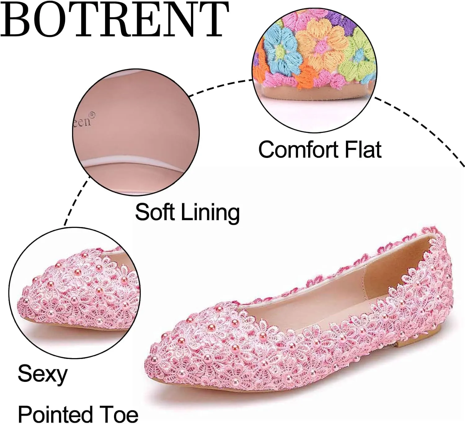 Women's Pearl Lace Slip-On Ballet Flats Pointed Toe Pumps Breathable Comfortable Dress Wedding Shoes for Party Evening Dating